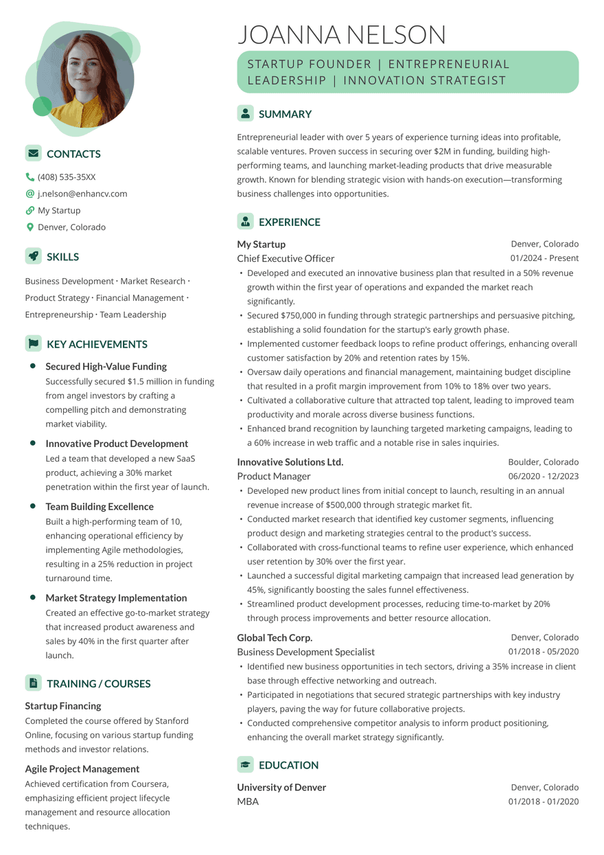 Green Contemporary Resume Template A contemporary entry level marketer resume template with green accent colors and a photo.