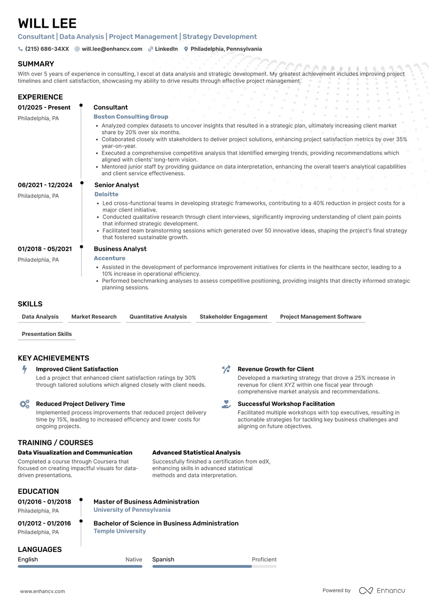 Blue and Orange Timeline resume template A single column timeline consulting resume template with blue accent colors.