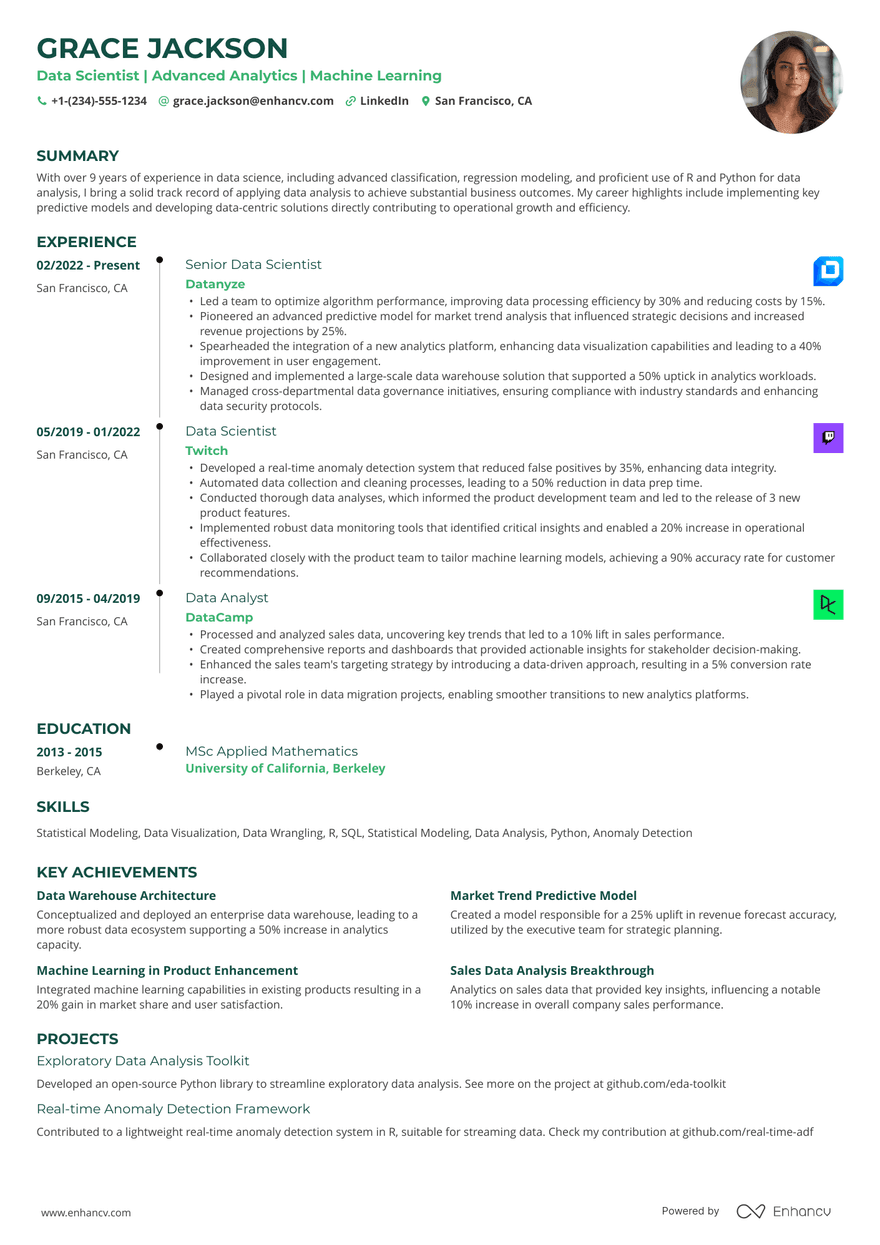 A single column timeline resume template with green accent colors.