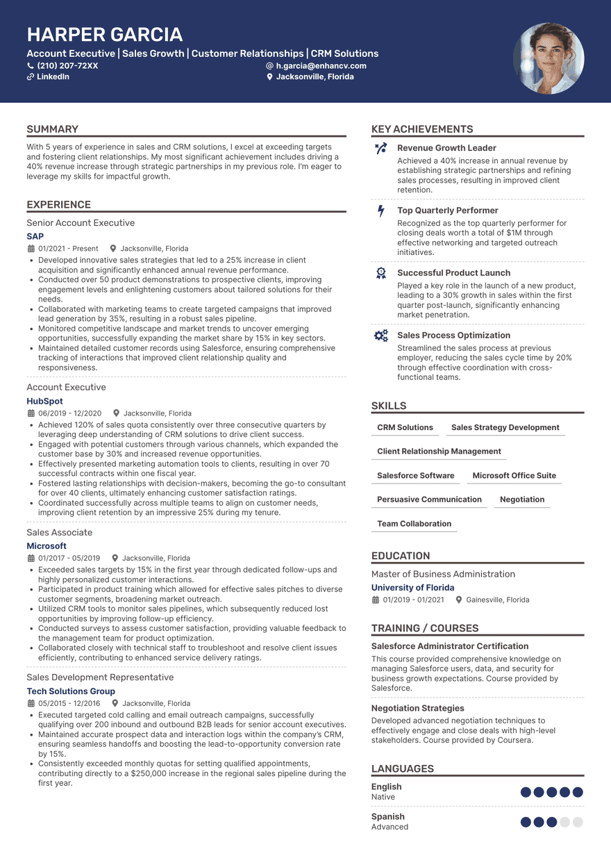 Navy Creative resume template A creative resume template for a graphic designer with purple accent colors and a photo.