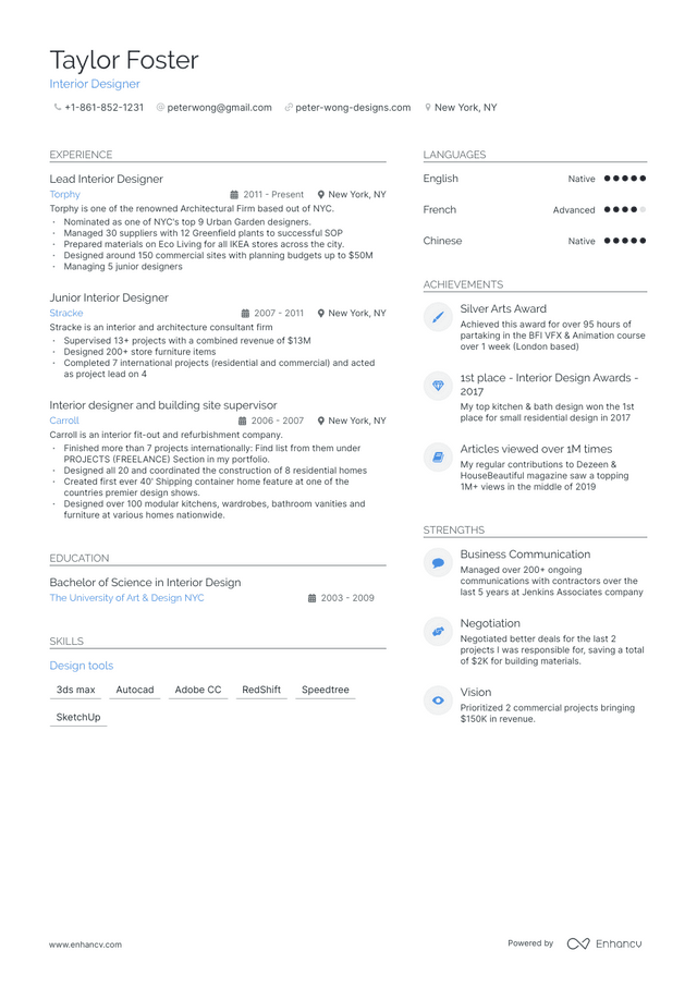 Interior Designer Resume Examples & Guide for 2022 (Layout, Skills ...