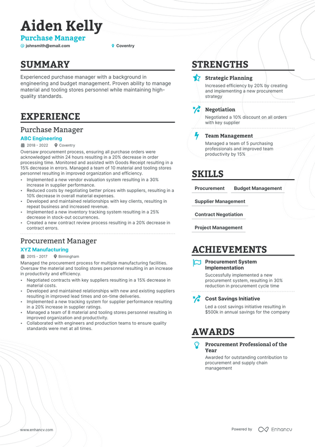 resume format purchase manager