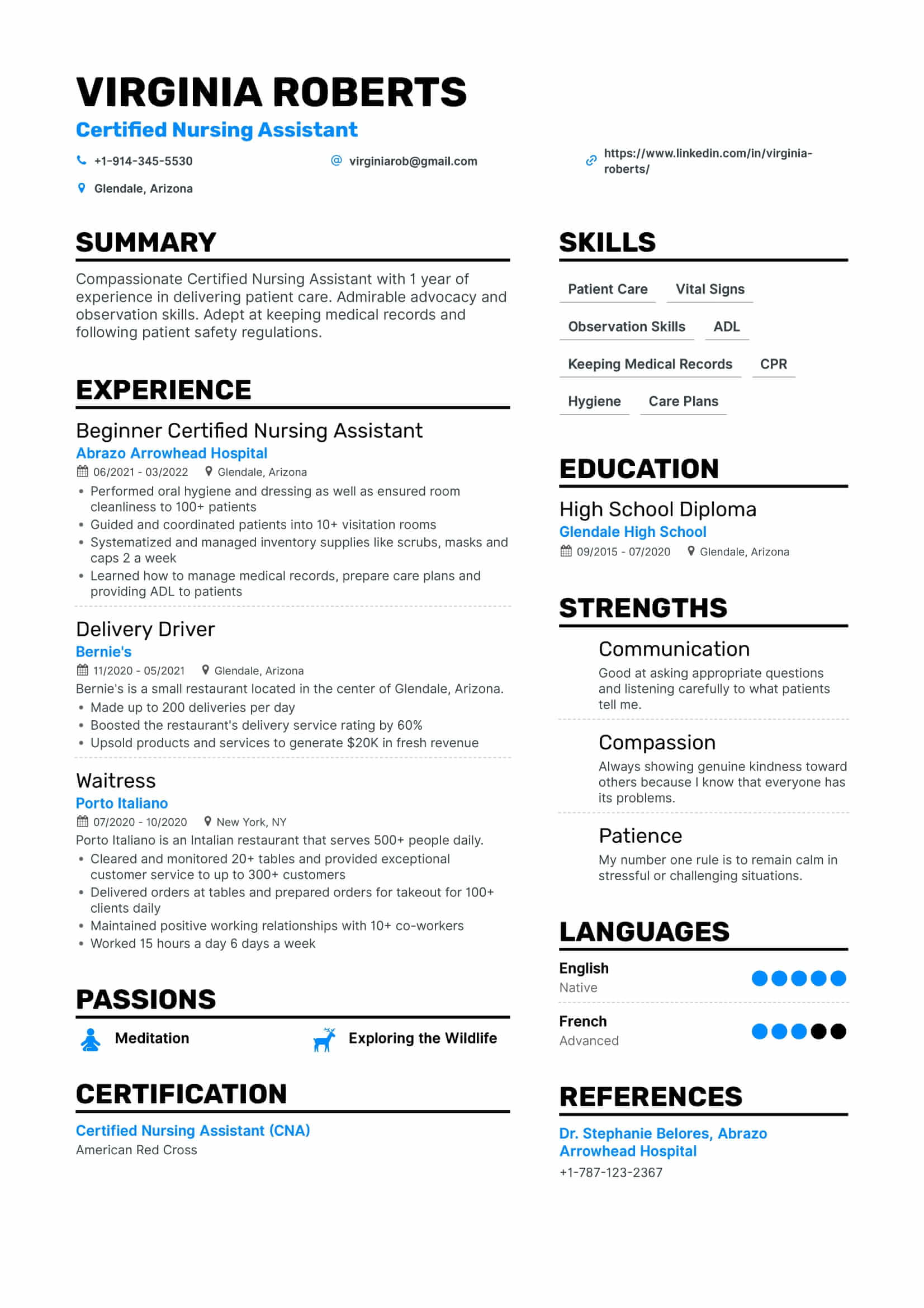Beginner Certified Nursing Assistant Resume Example