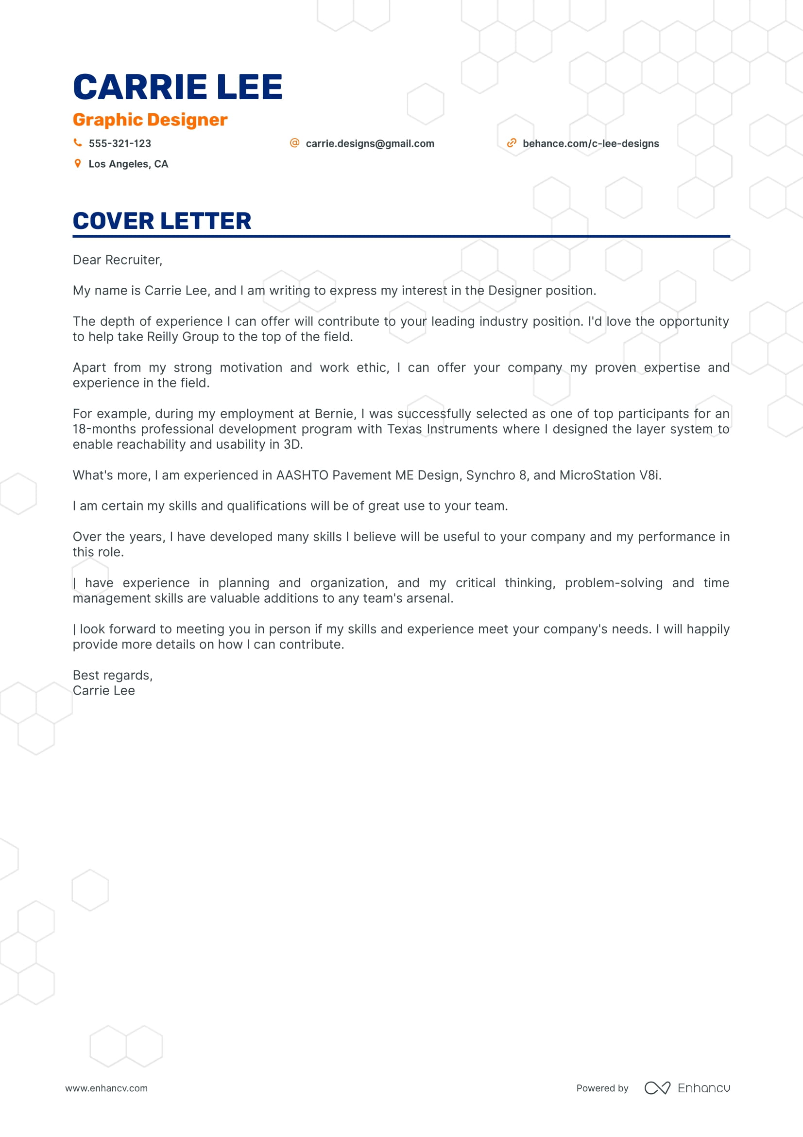 Carrie Lee Designer Cover Letter Example