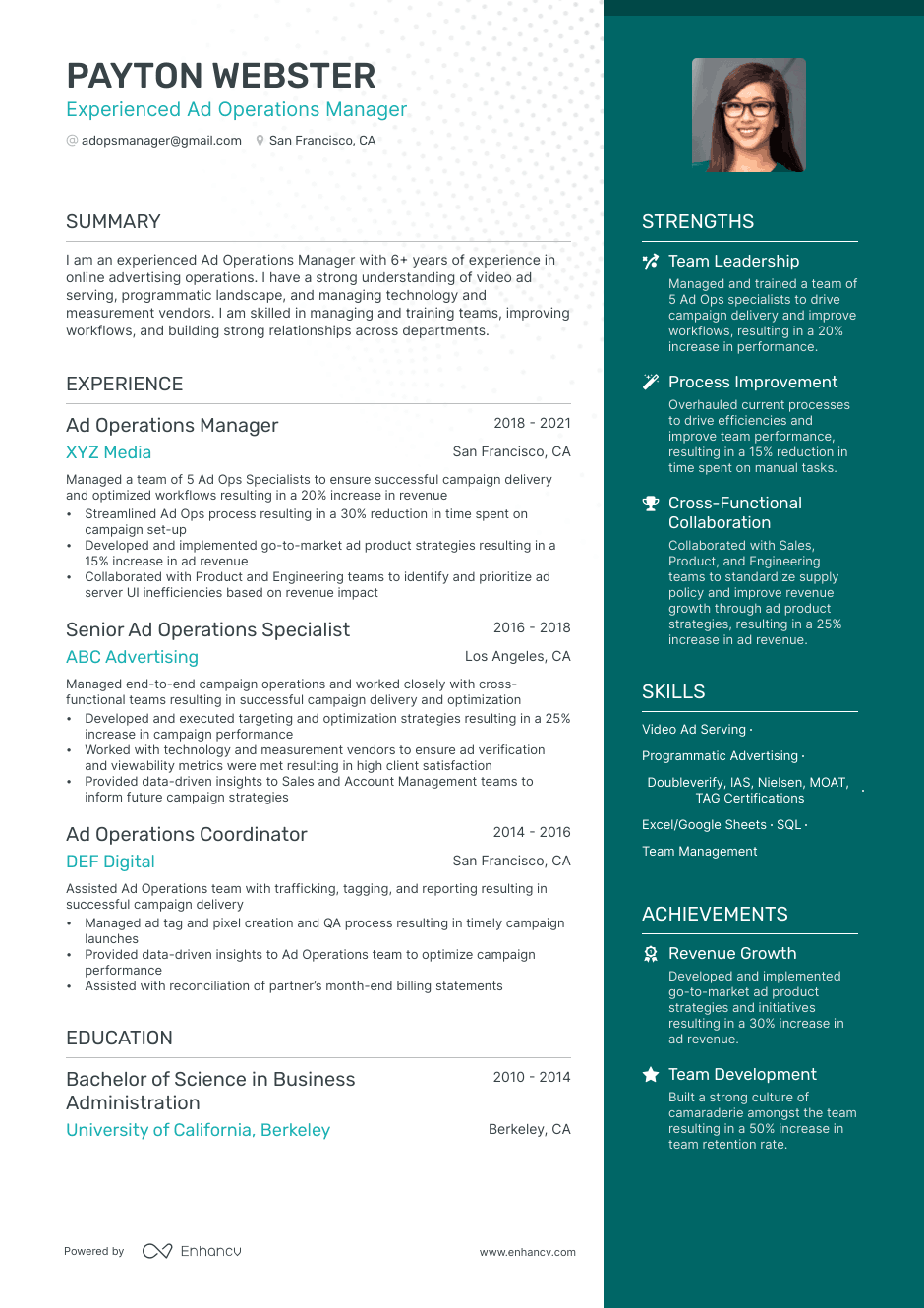 ad operations manager resume example
