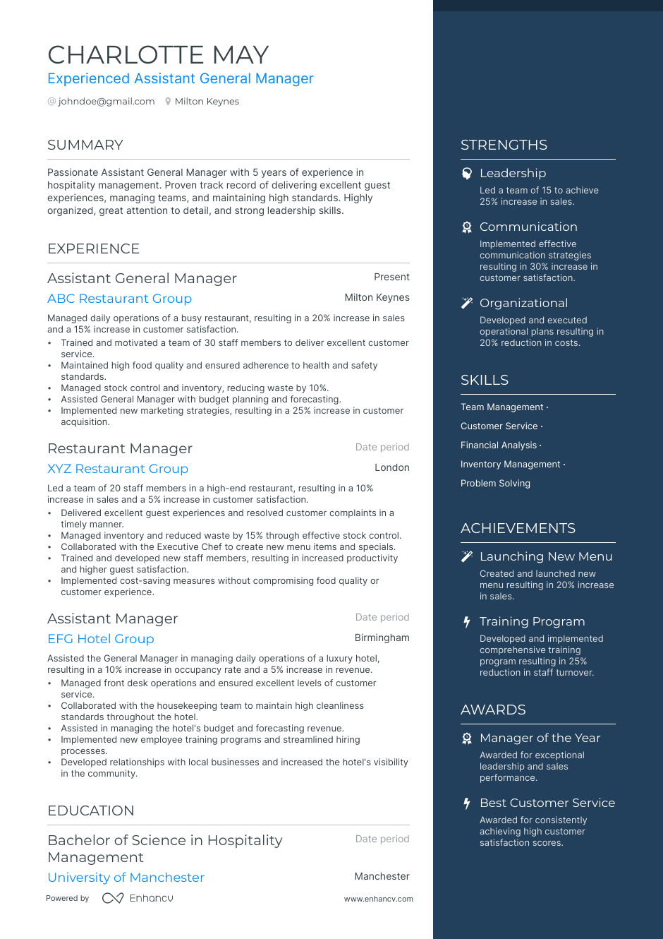assistant general manager resume example