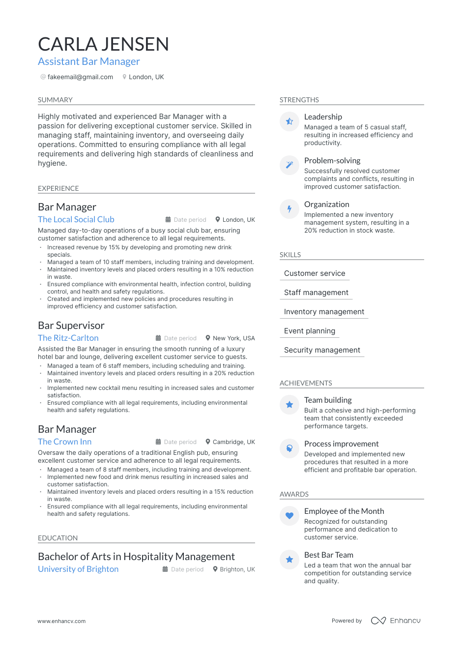 bar manager resume example