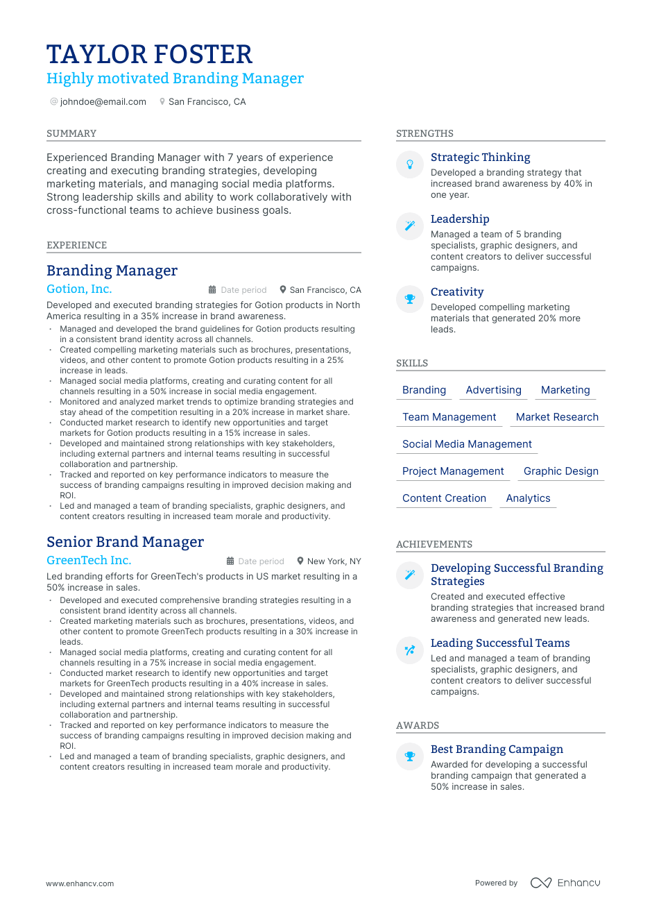 branding manager resume example