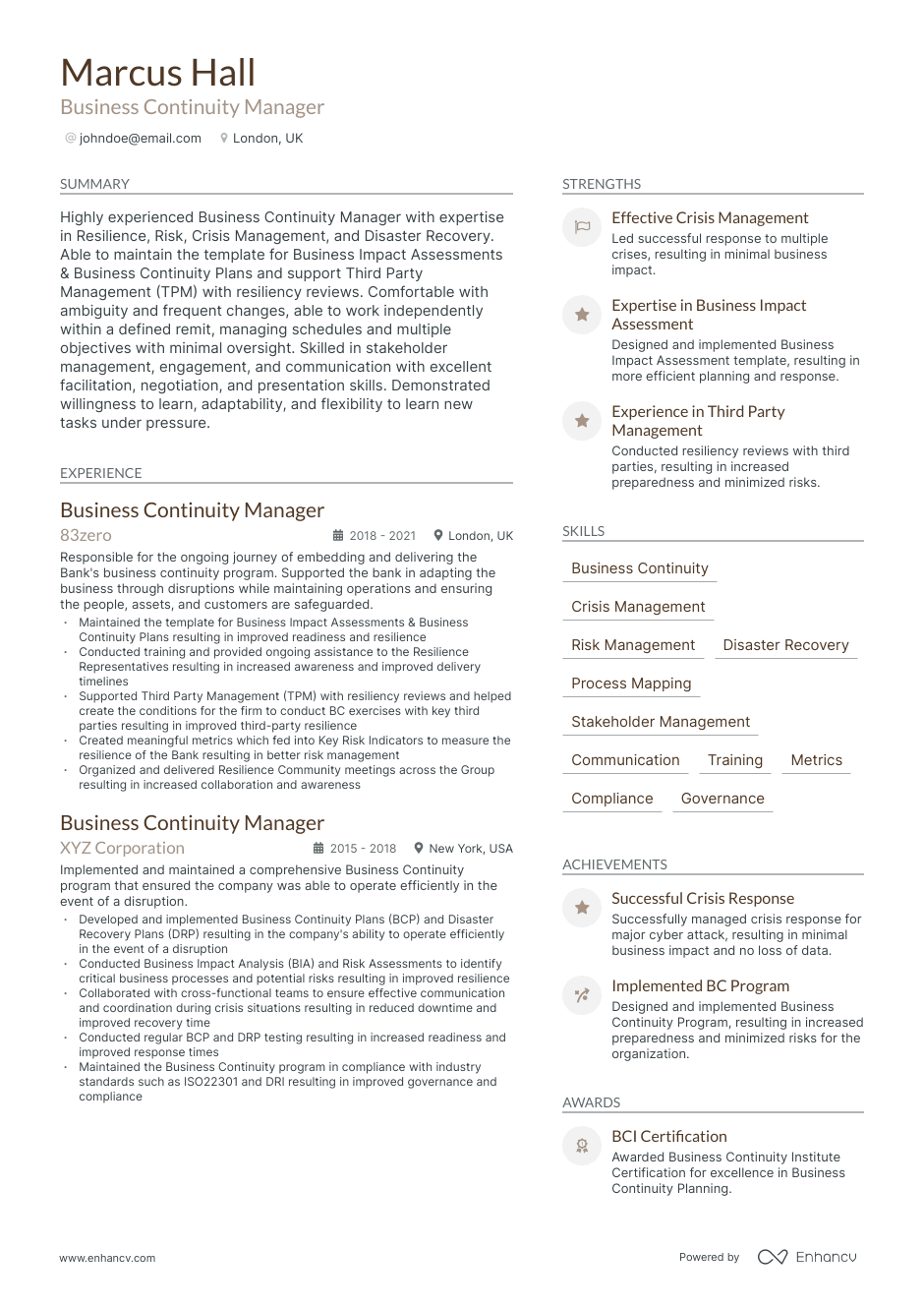 business continuity manager resume example