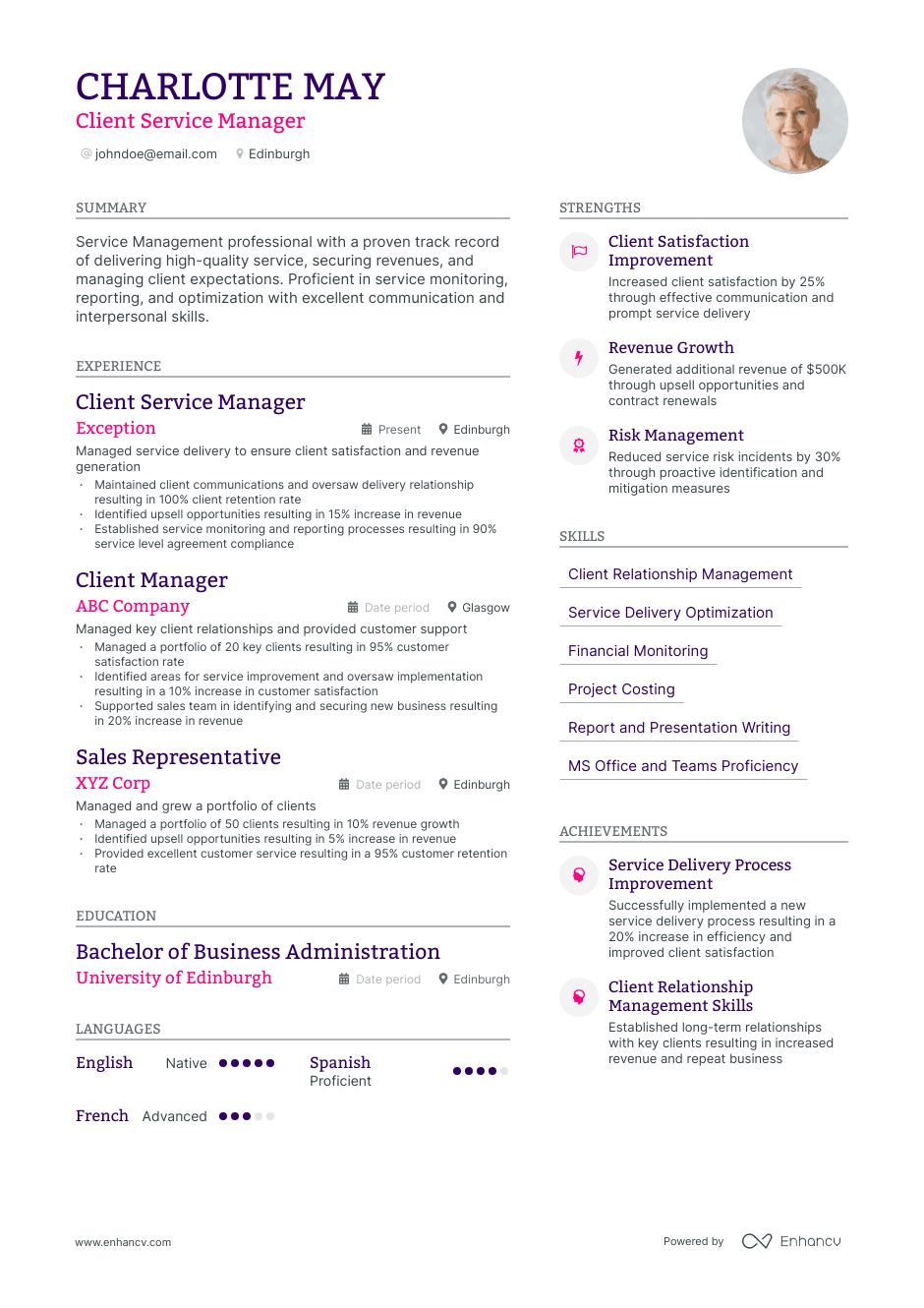 Client Service Manager resume example