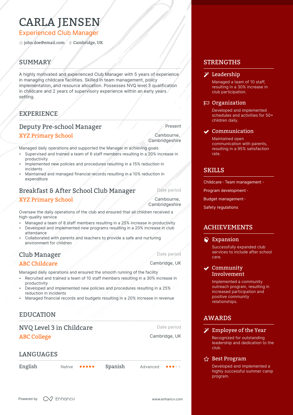 club manager resume example