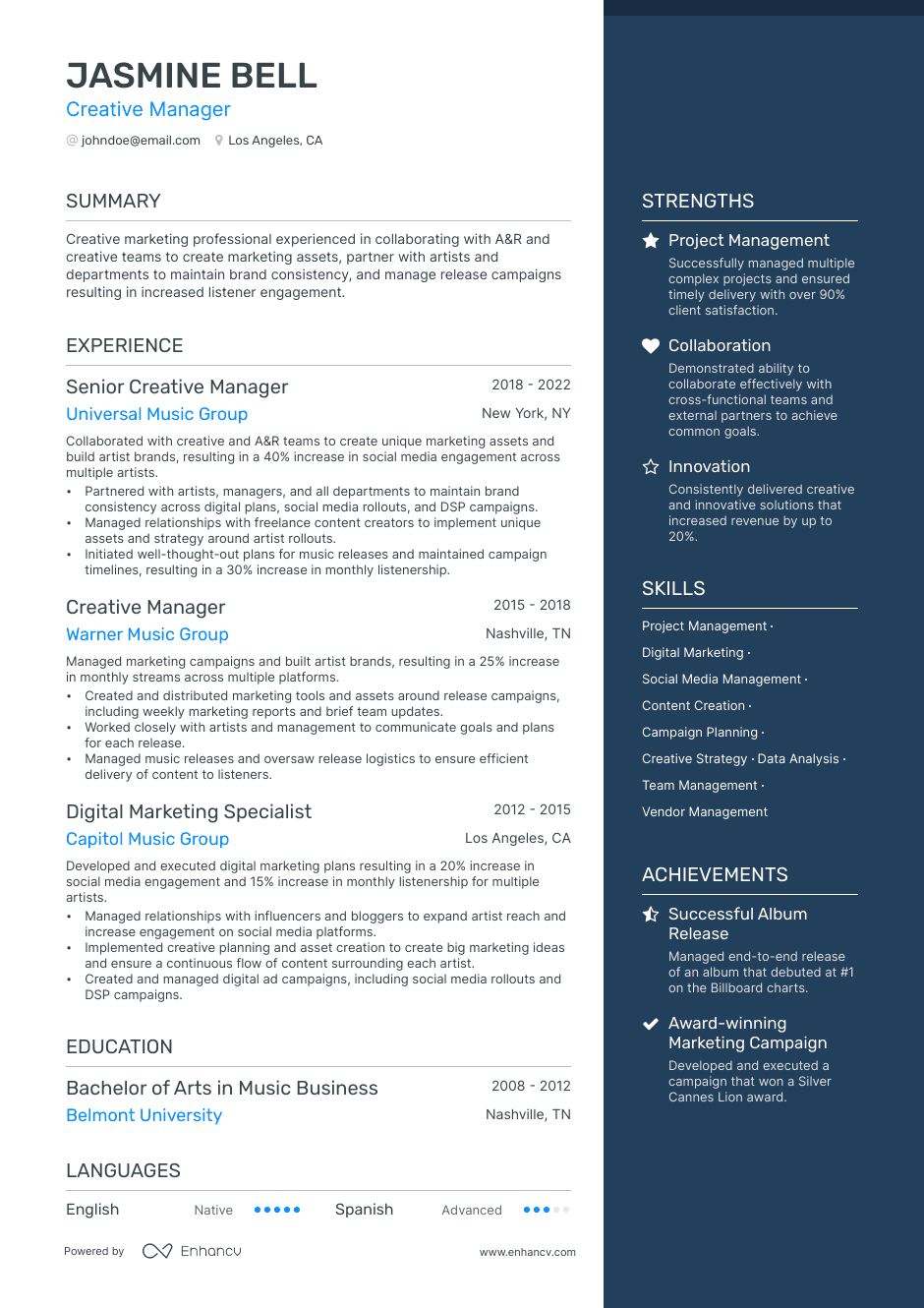 Creative Manager resume example