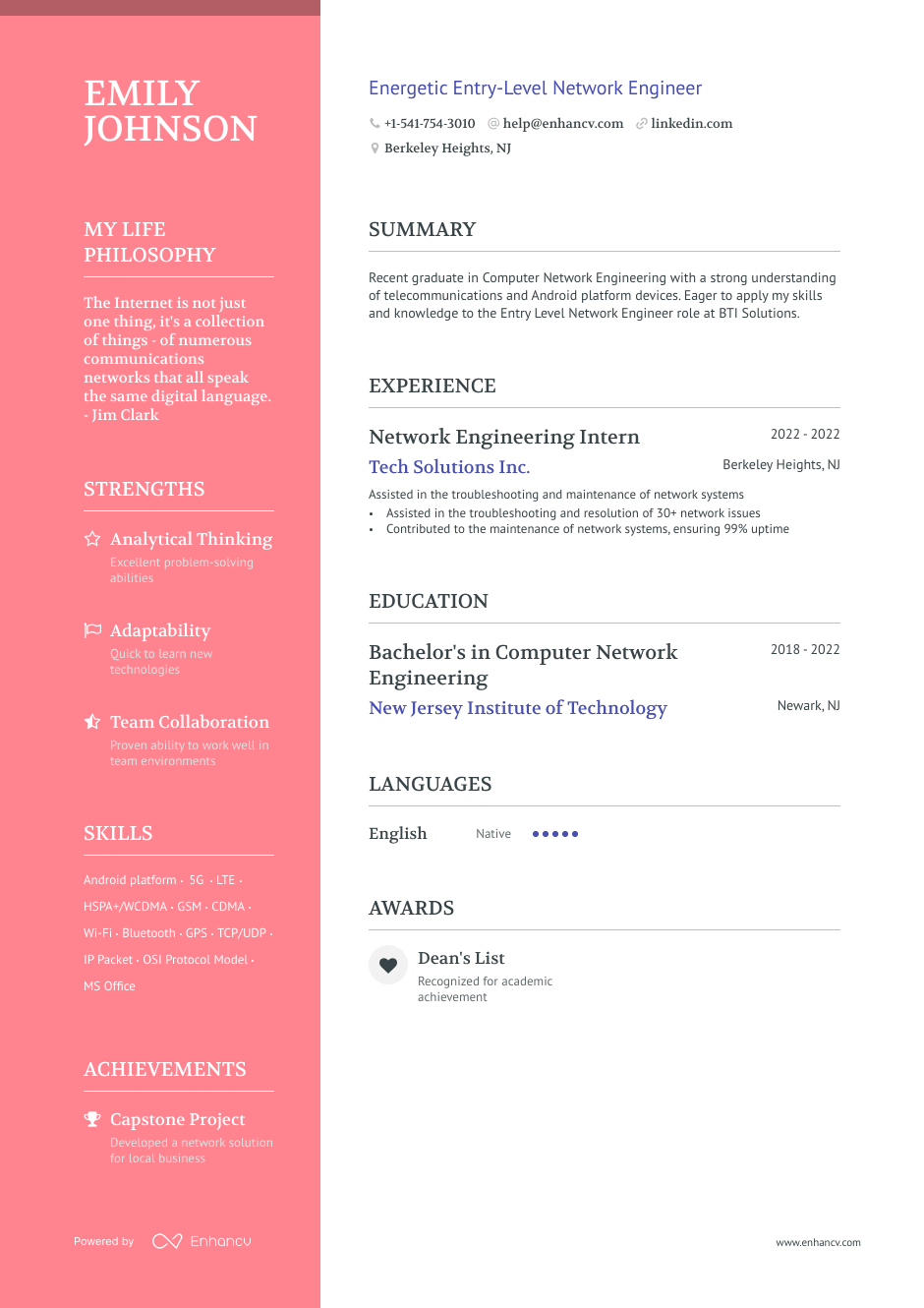 entry level network engineer resume example
