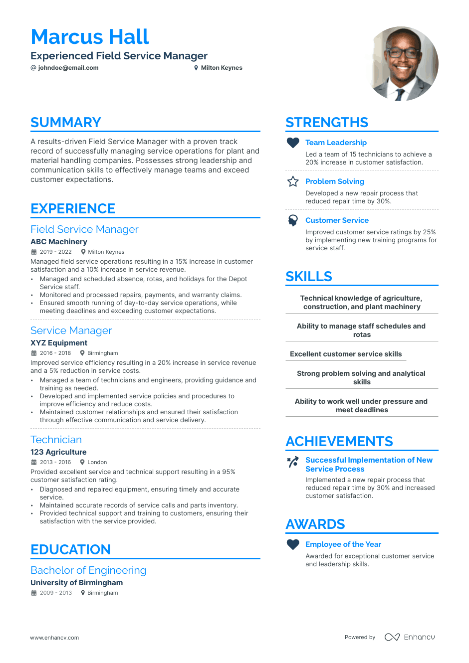 Field Service Manager resume example