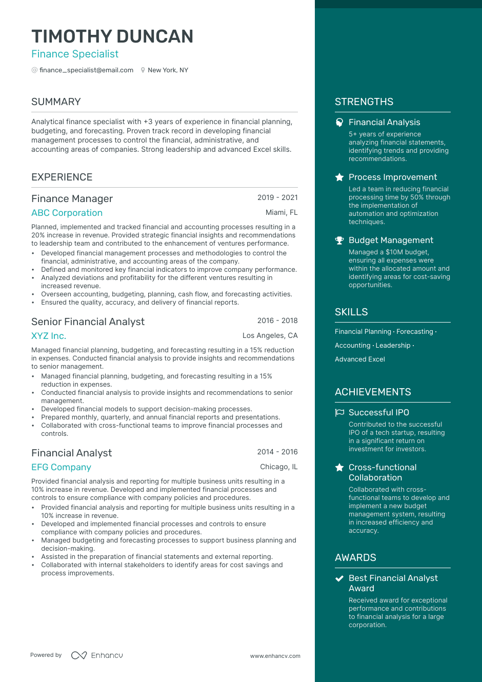 finance specialist resume example