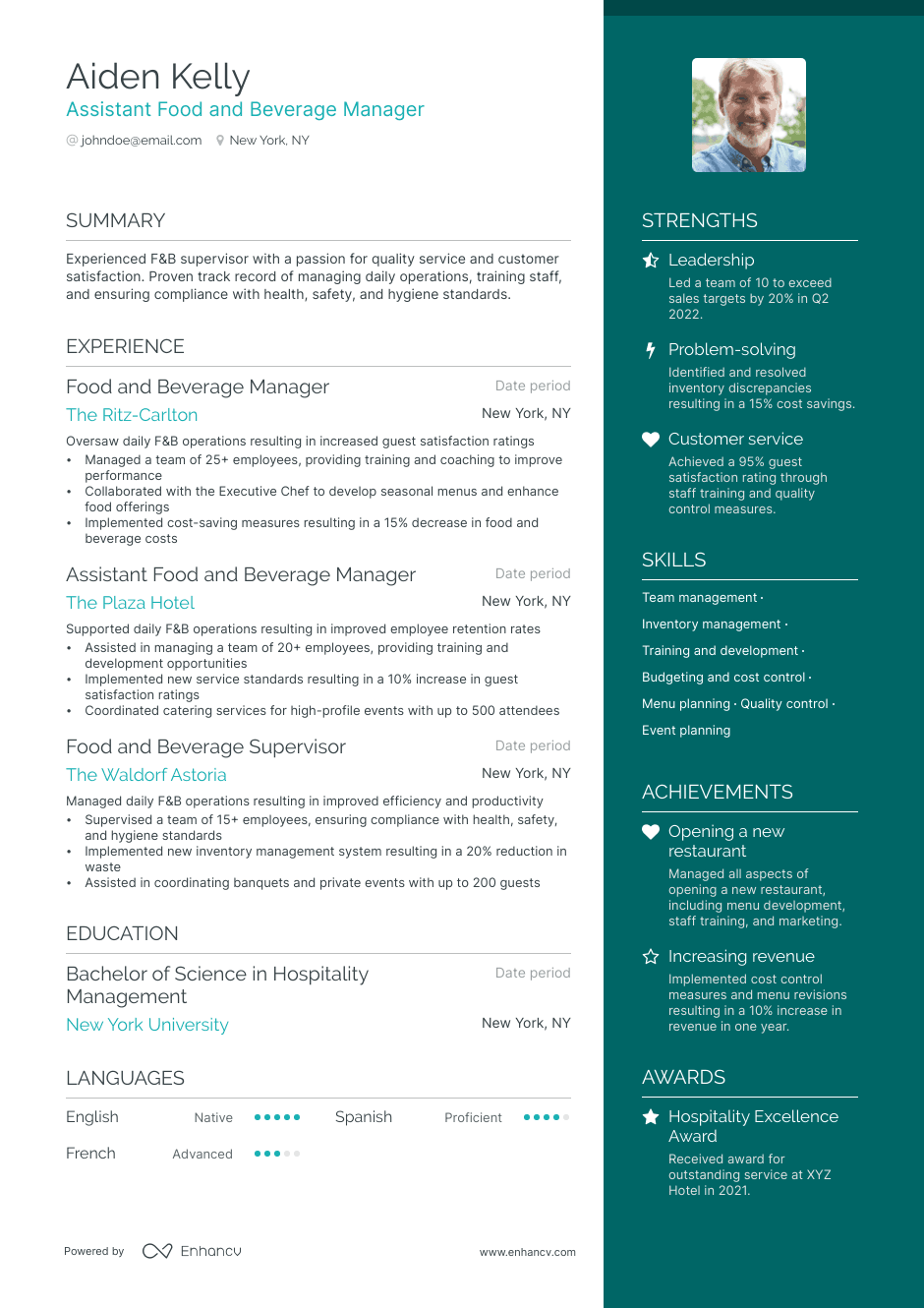 Food And Beverage Manager resume example