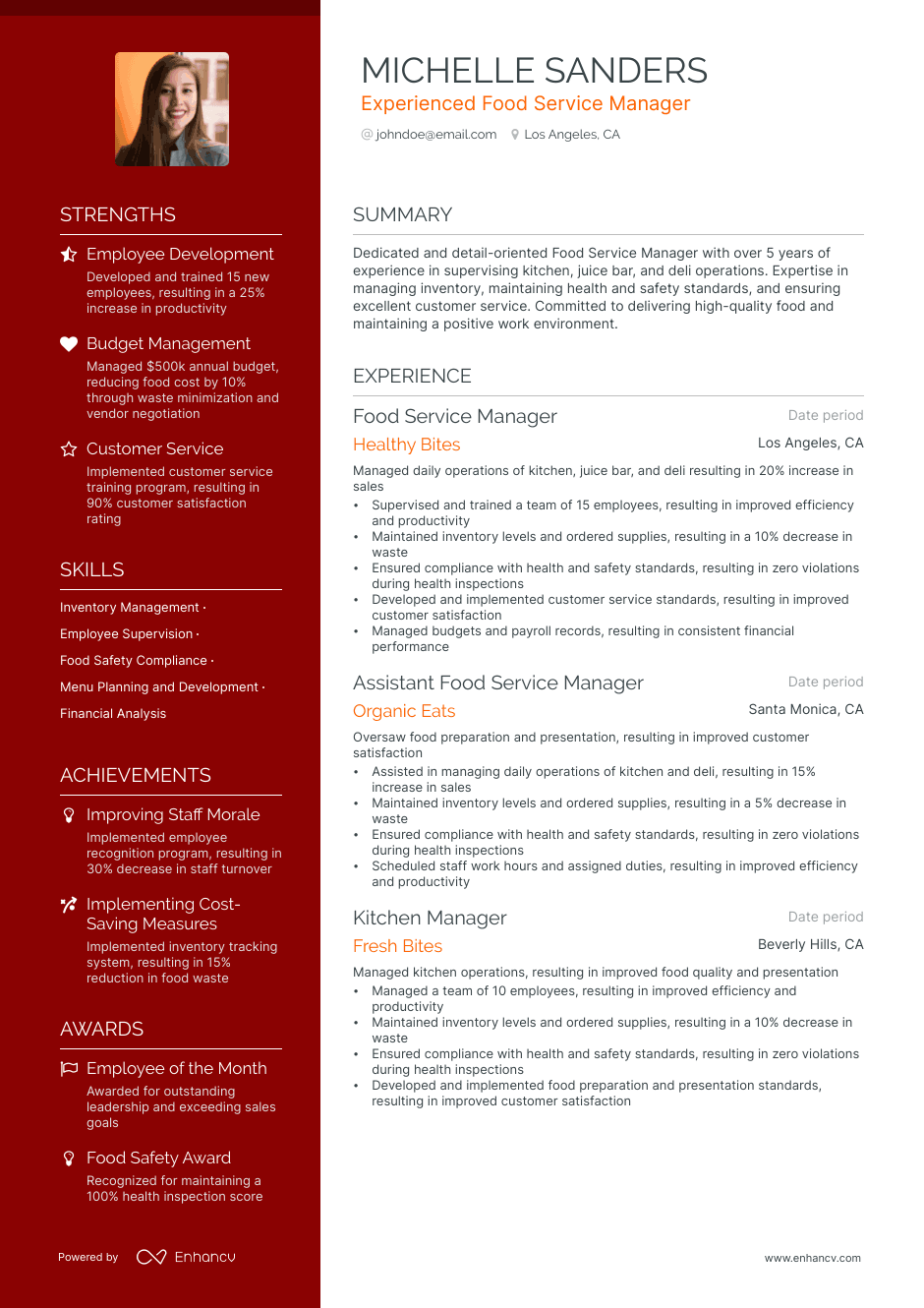 Food Service Manager resume example
