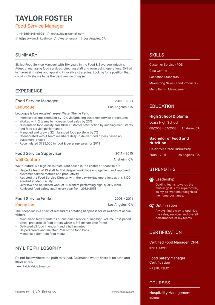 food service resume example