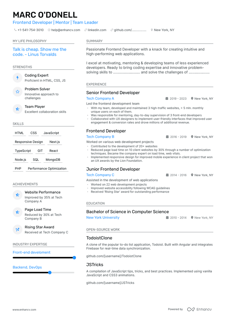 front-end developer resume example