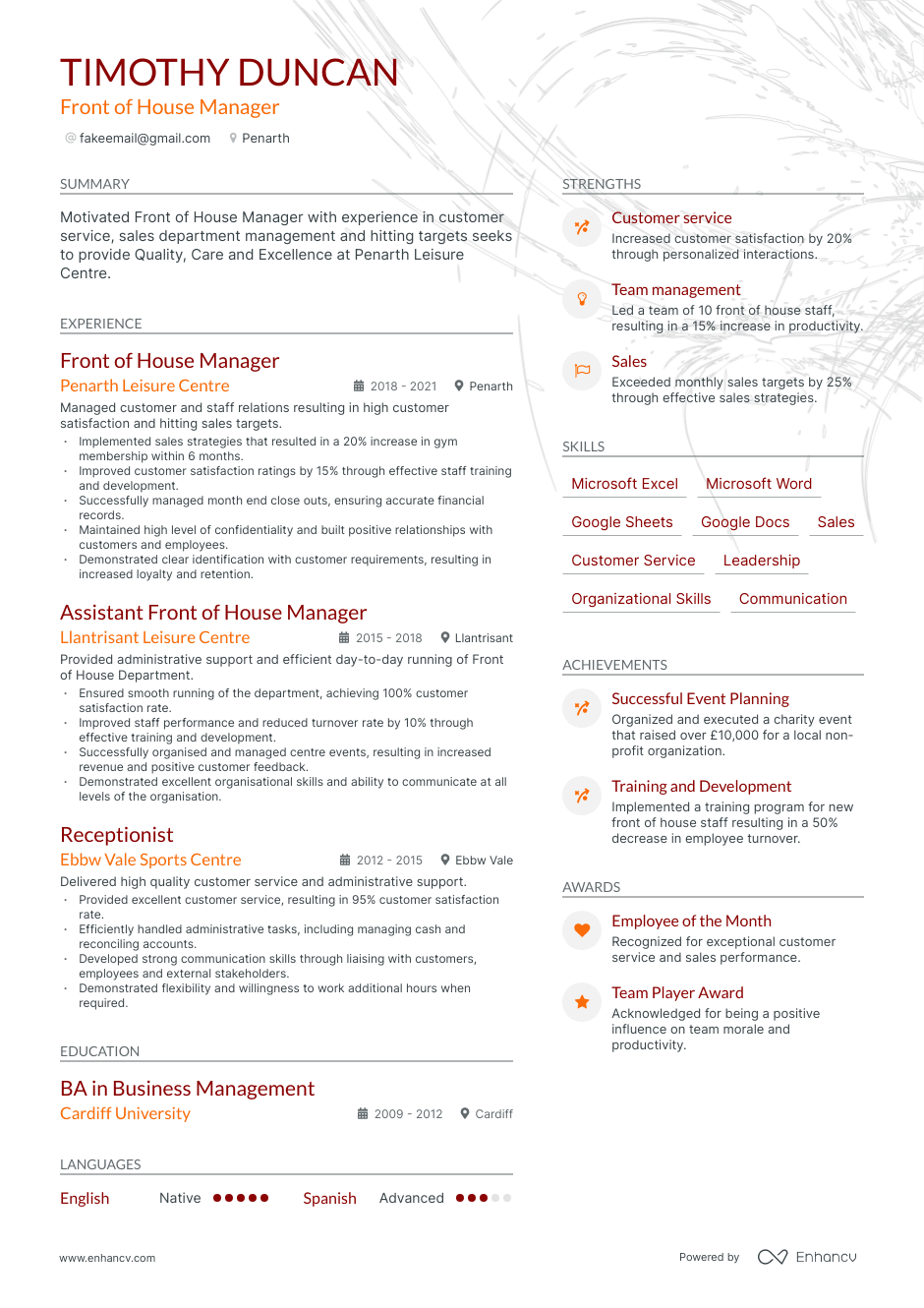 front of house manager resume example