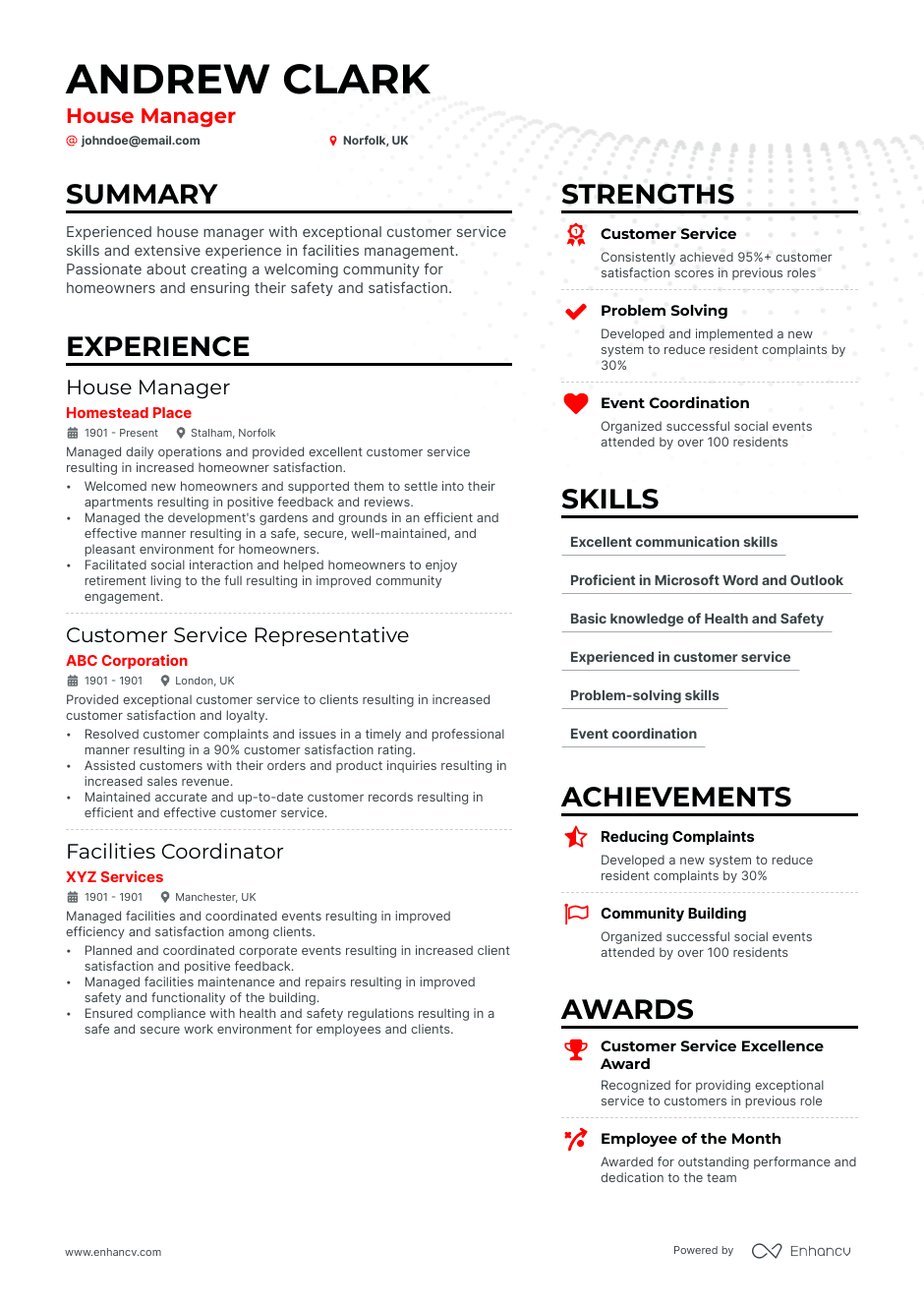 House Manager resume example