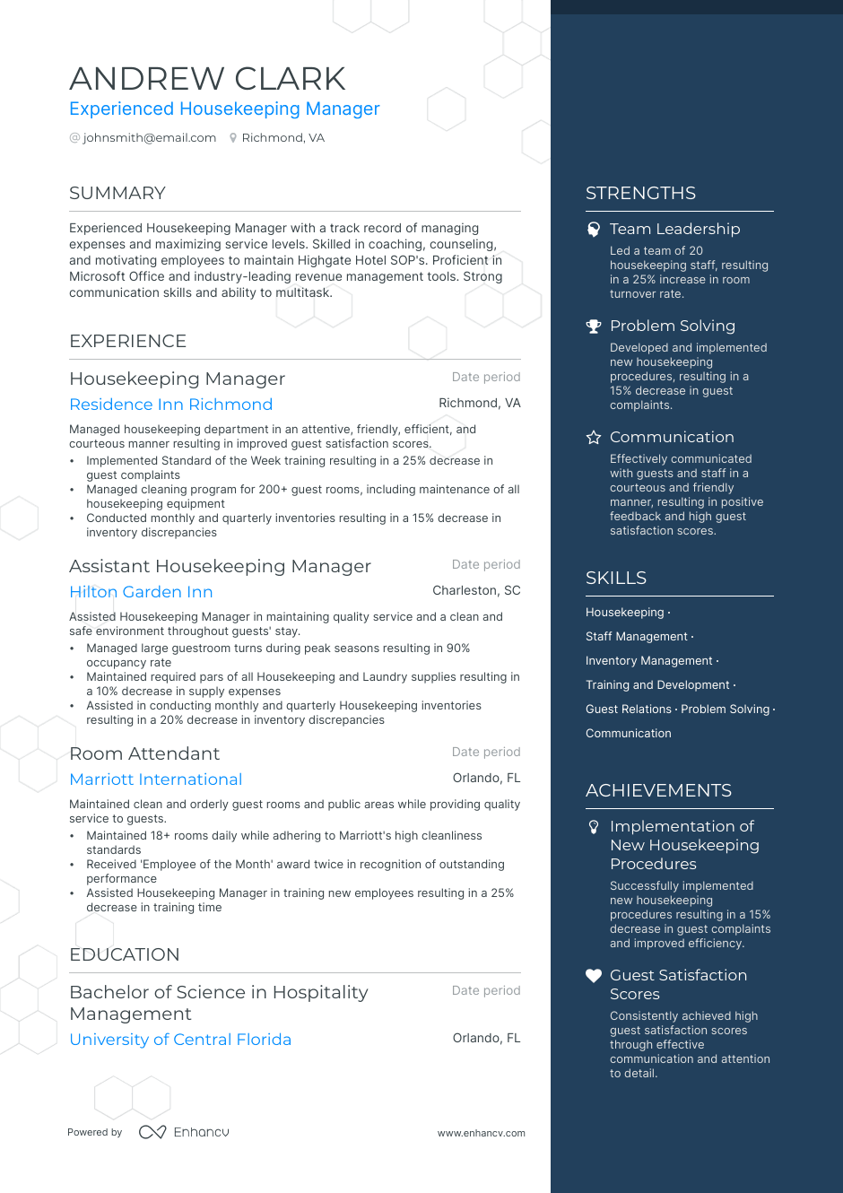 housekeeping manager resume example