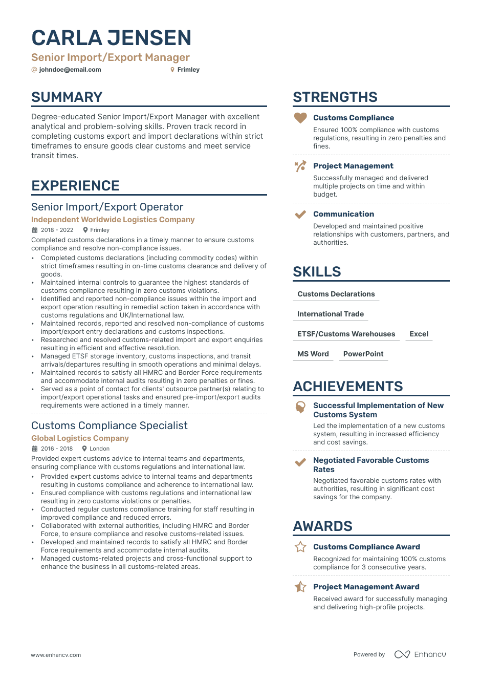 import export manager resume example