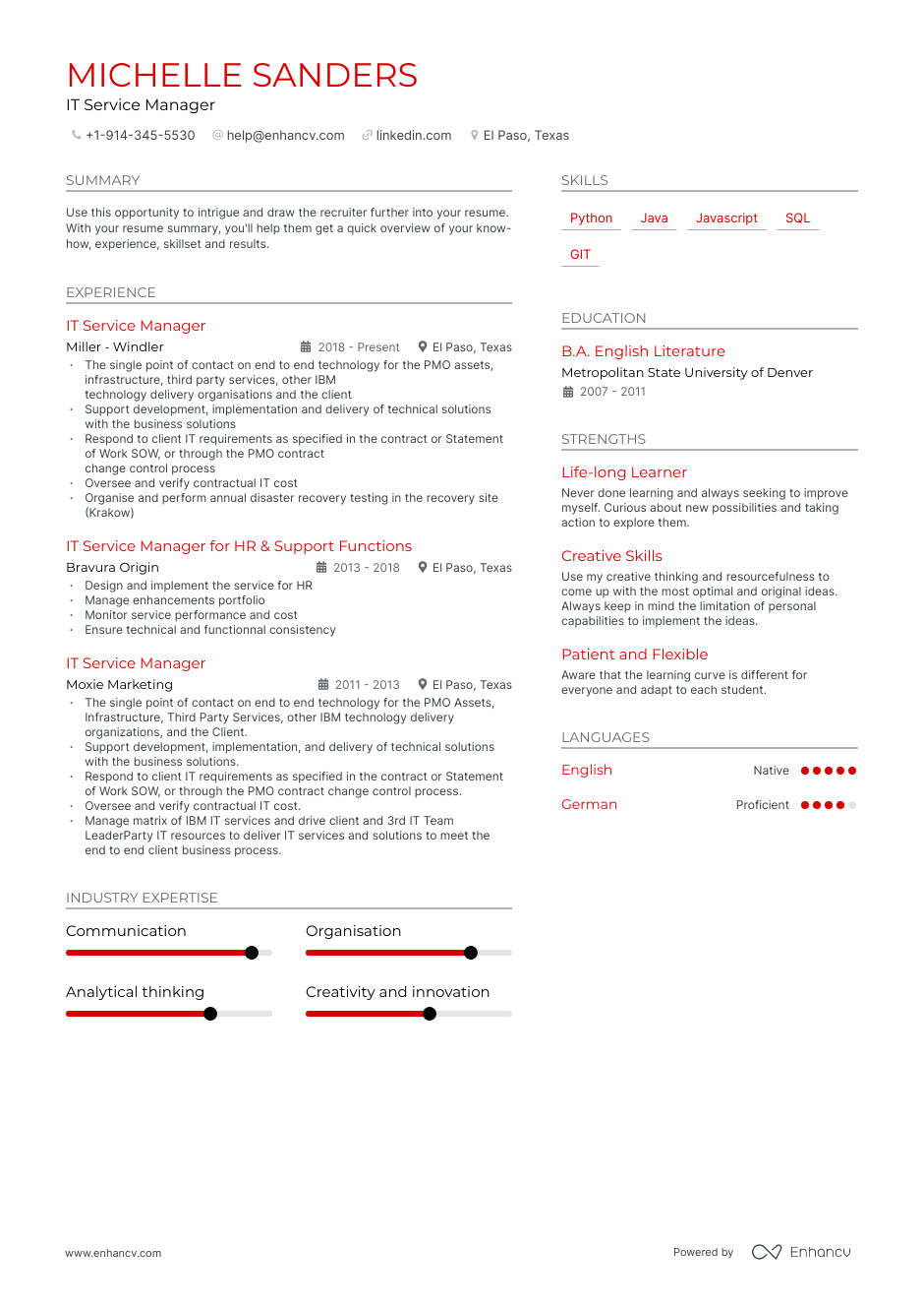 IT Service Manager resume example