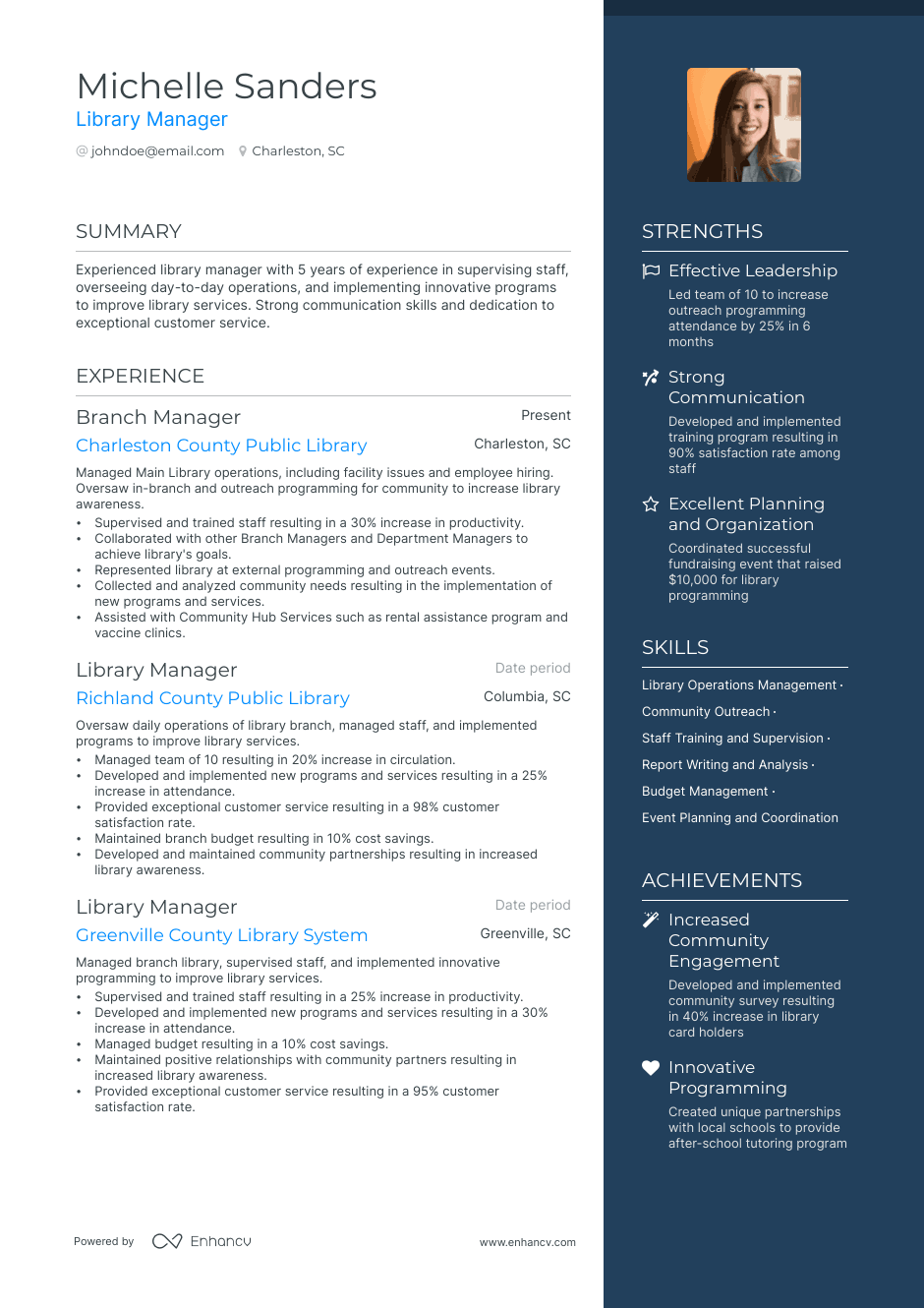 Library Manager resume example