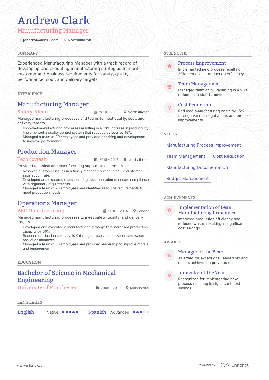 manufacturing manager resume example