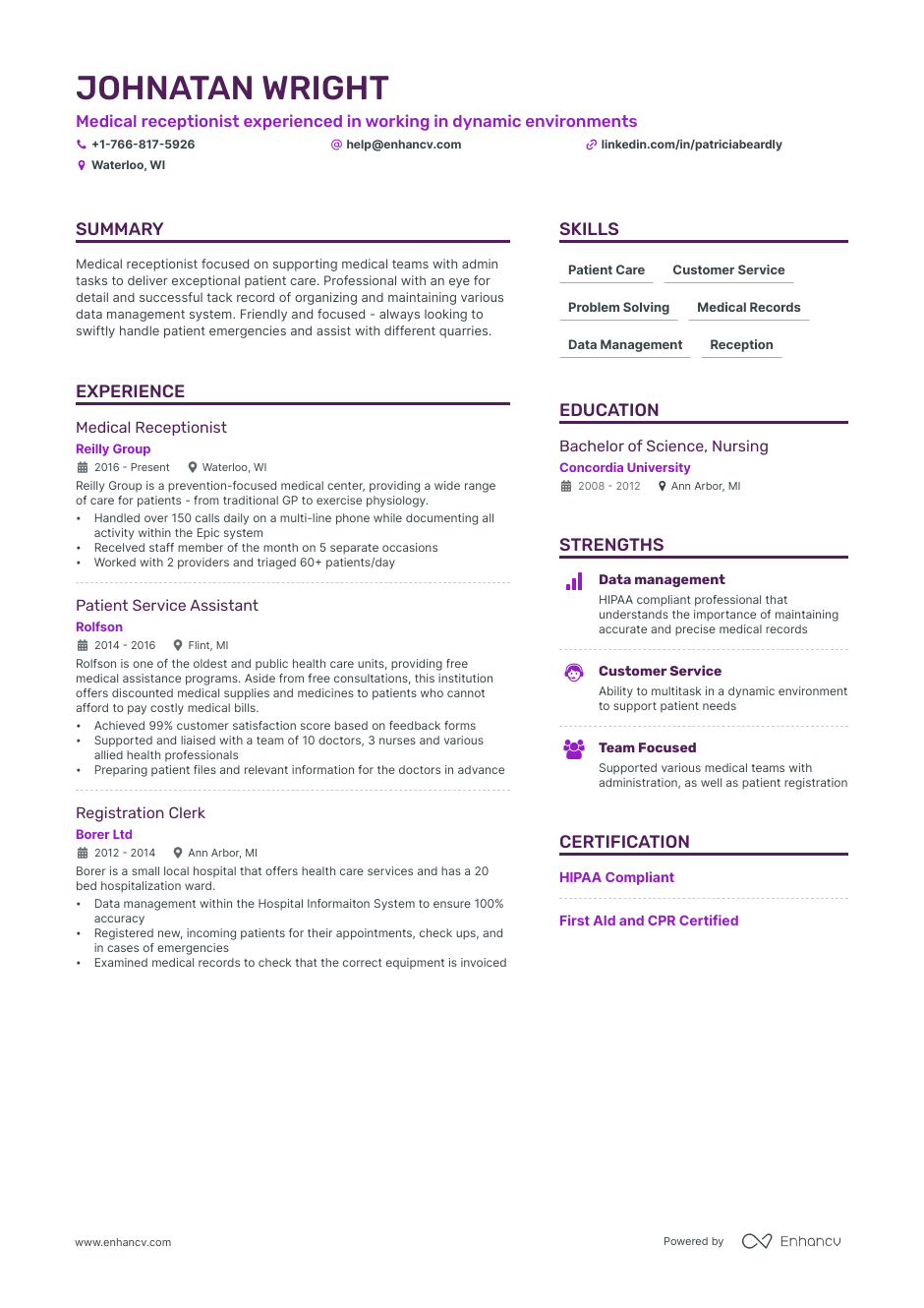 Medical Receptionist resume example