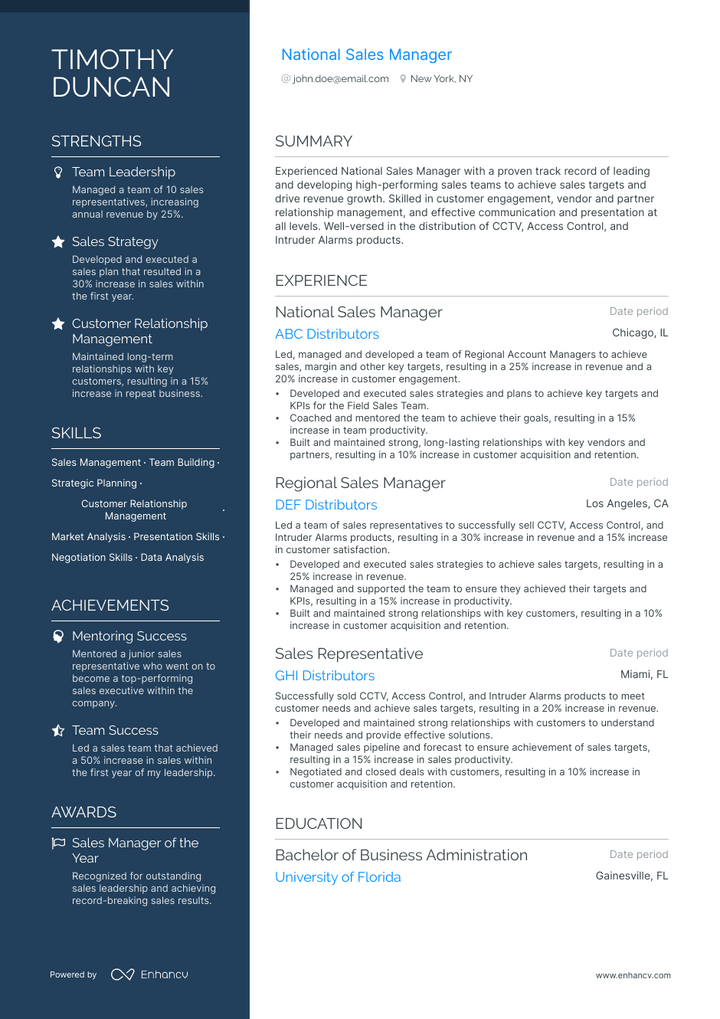 national sales manager resume example