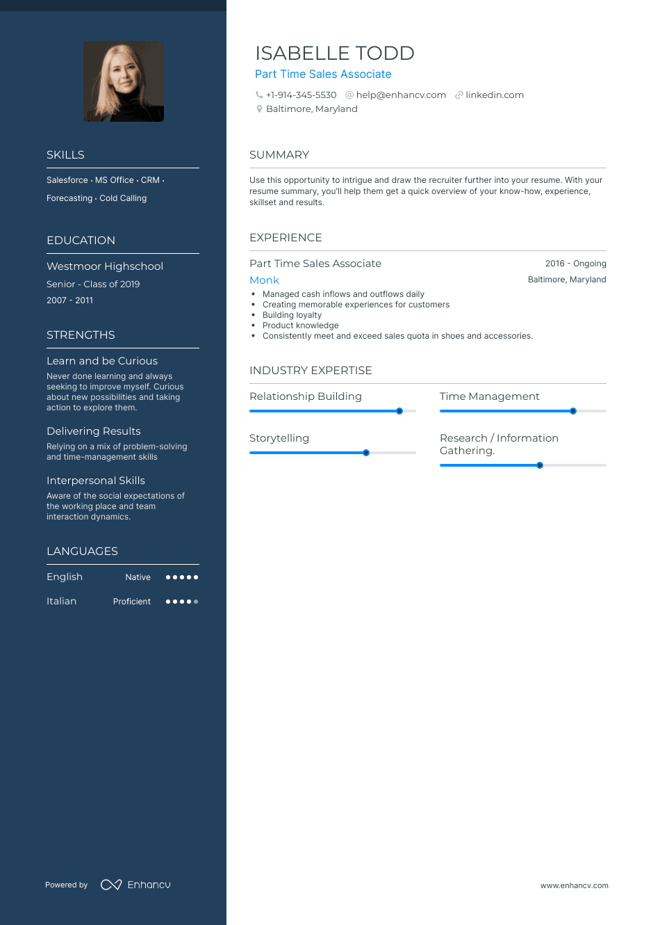 Part Time Sales Associate resume example