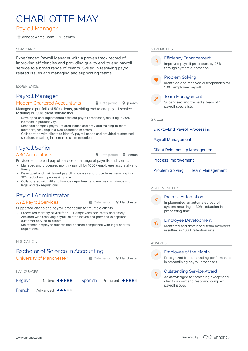 Payroll Manager resume example
