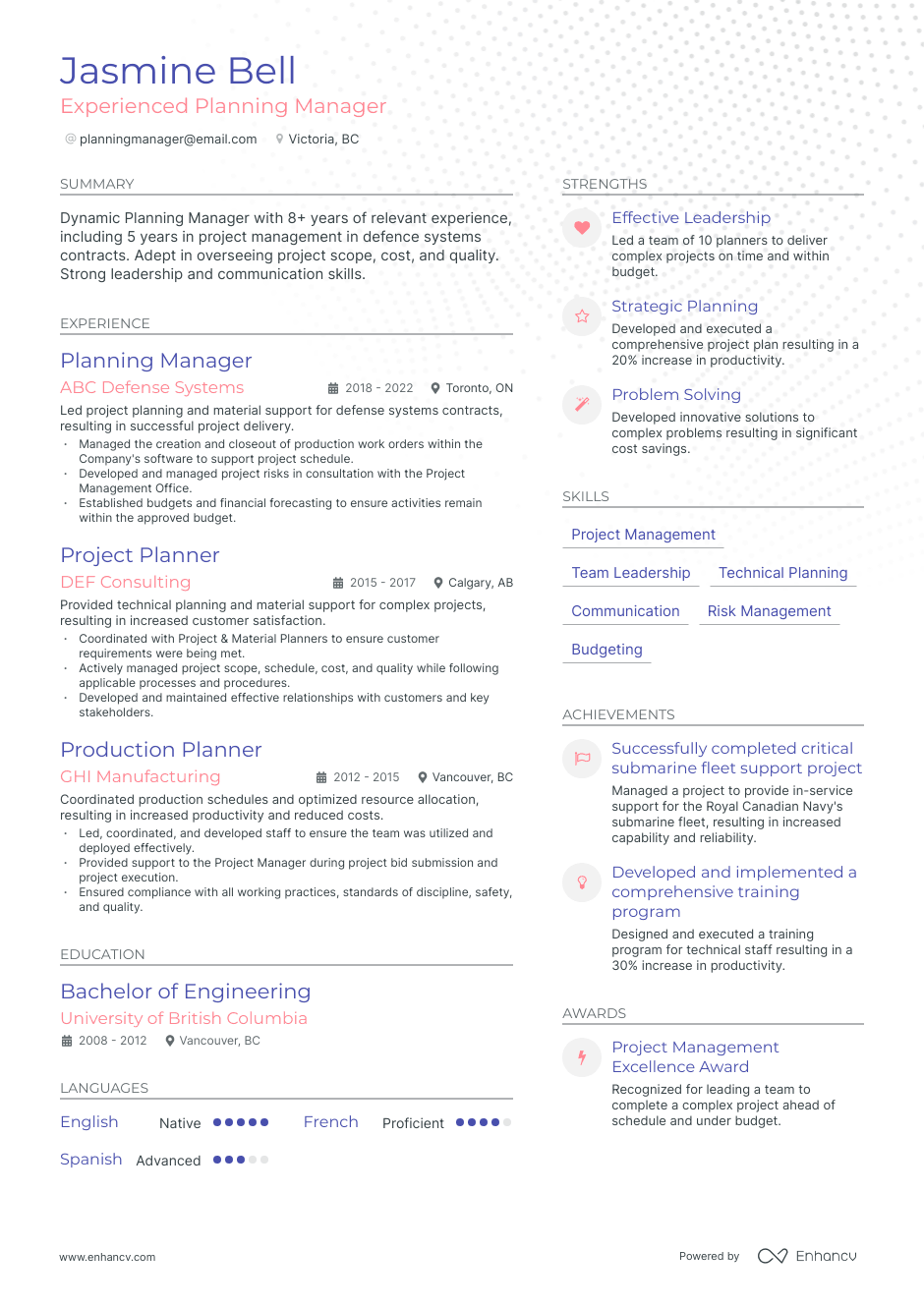 Planning Manager resume example