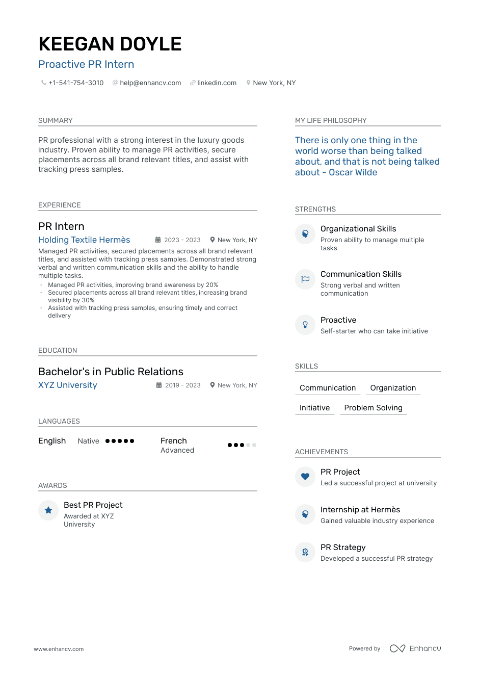 pr intern resume example