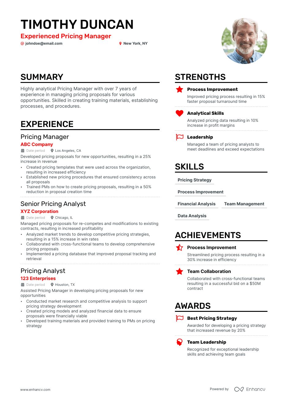 pricing manager resume example