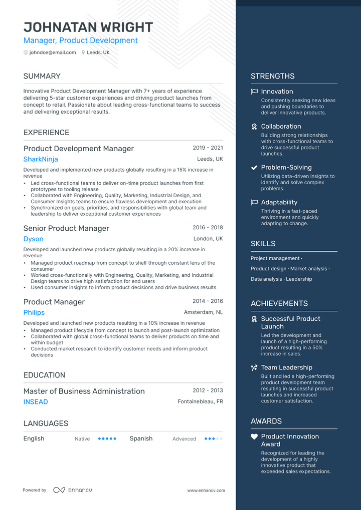 product development manager resume example