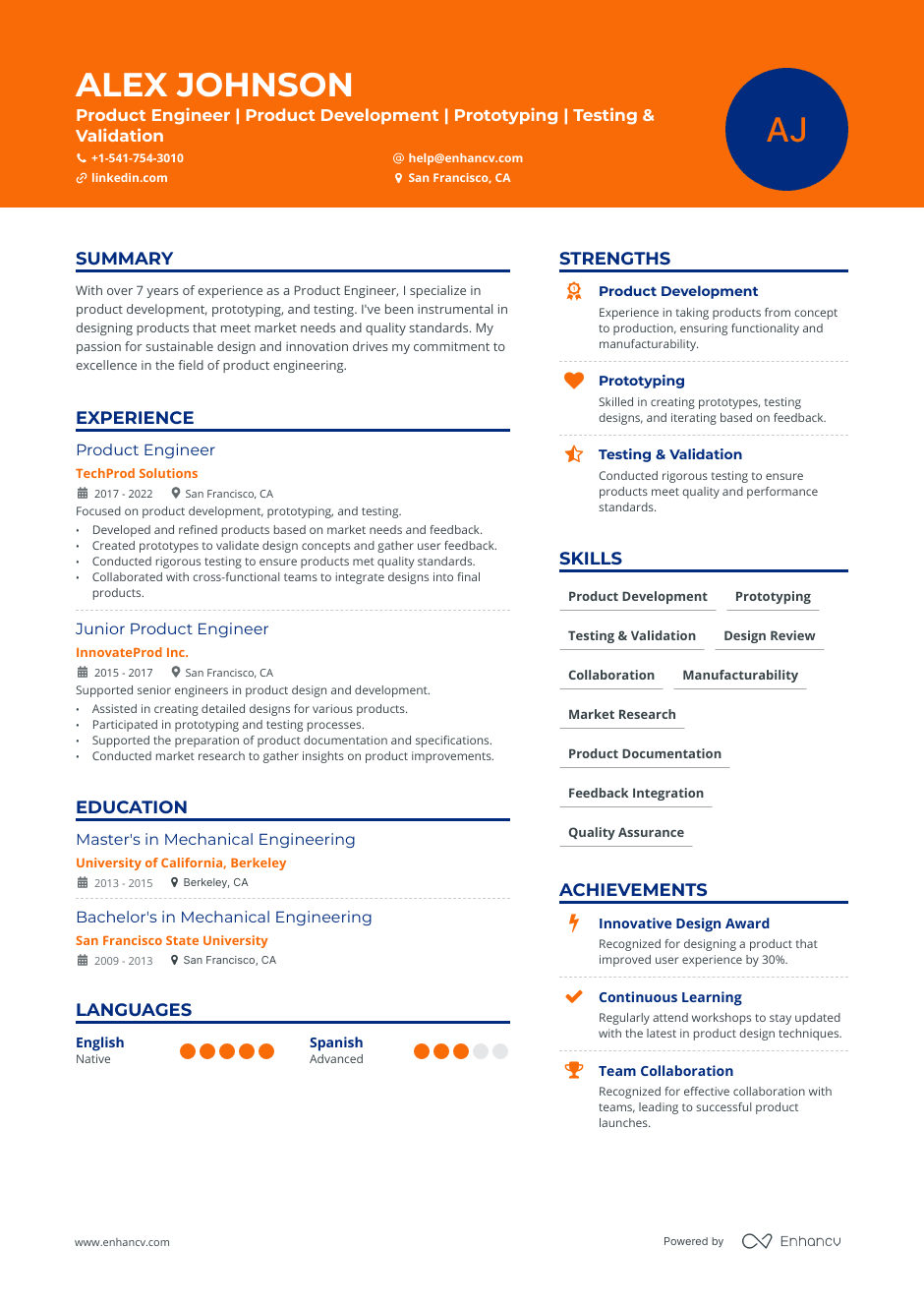 Product Engineer resume example