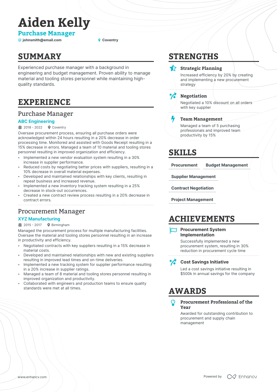 Purchase Manager resume example