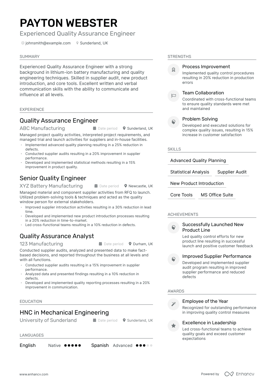 quality assurance engineer resume example