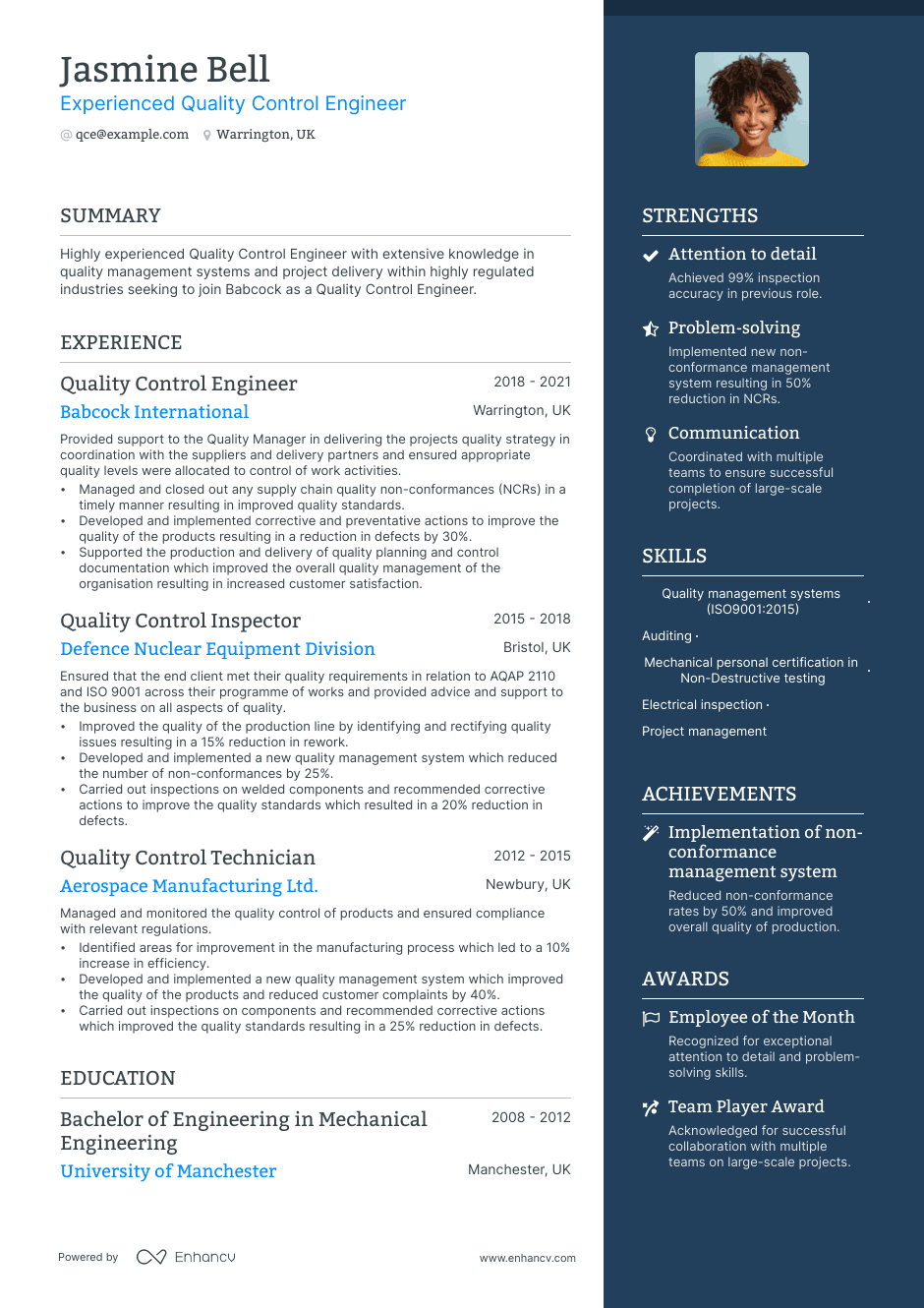 quality control engineer resume example