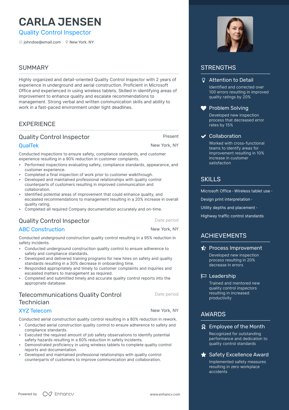 quality control inspector resume example