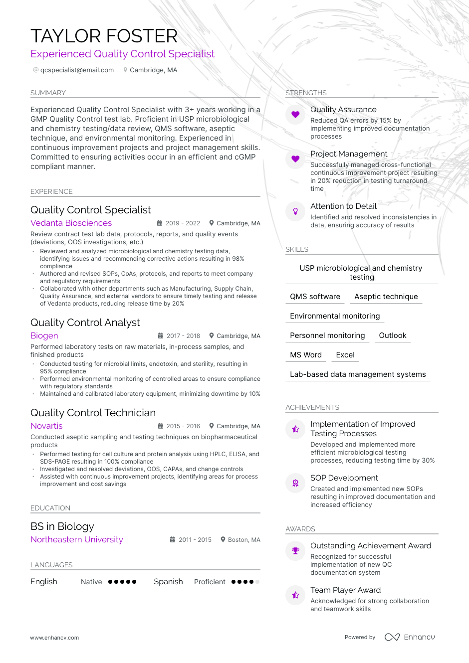 Quality Control Specialist resume example