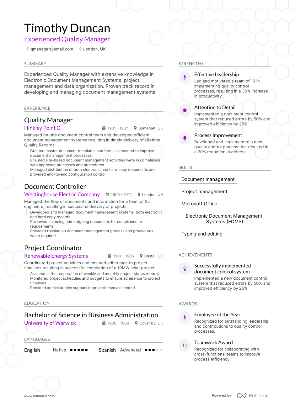 Quality Manager resume example