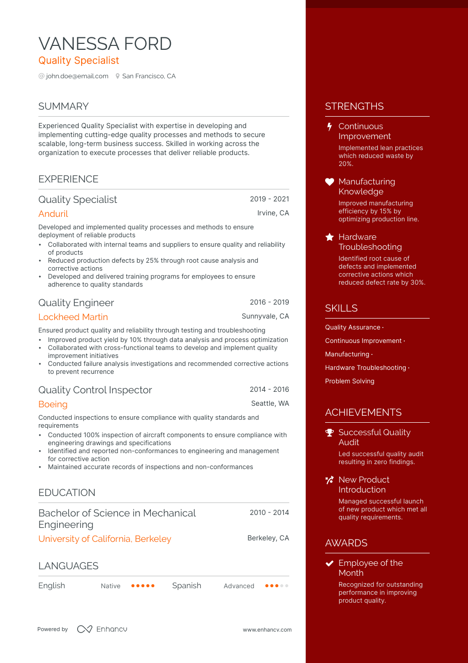 quality specialist resume example