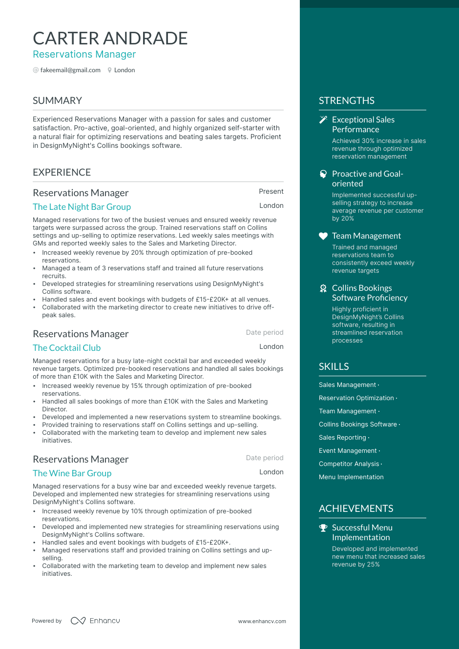 reservations manager resume example