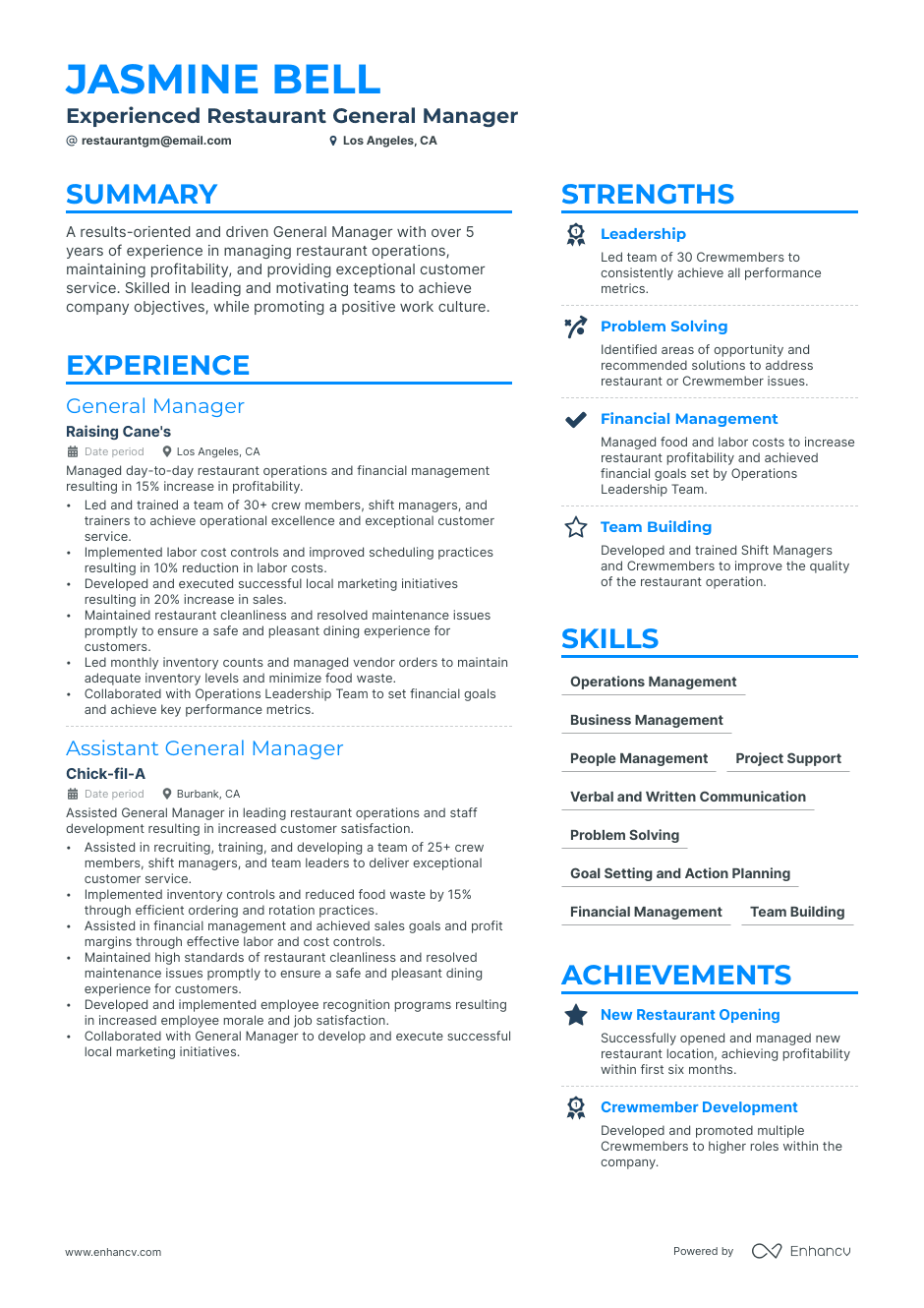 Restaurant General Manager resume example