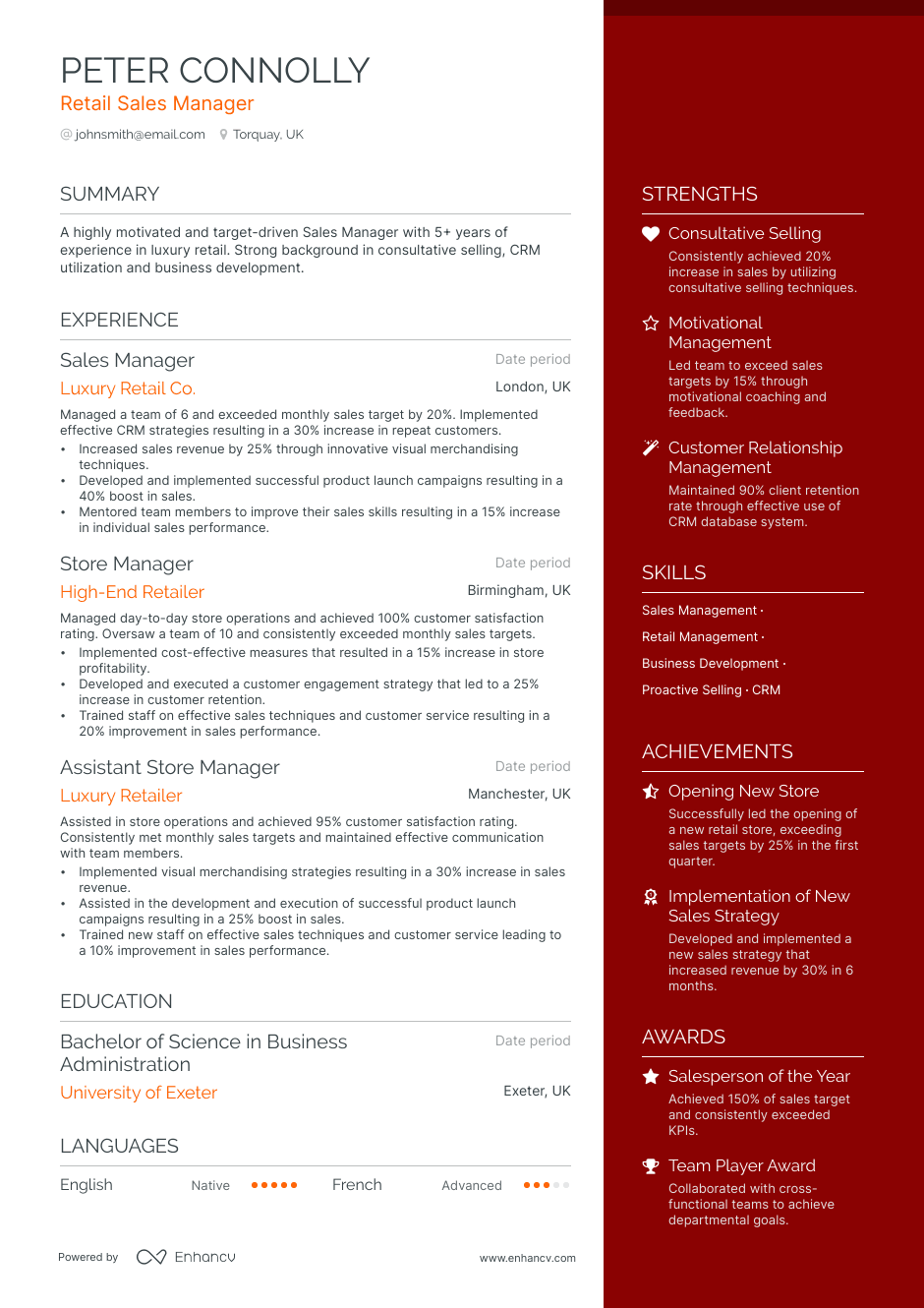 retail sales manager resume example