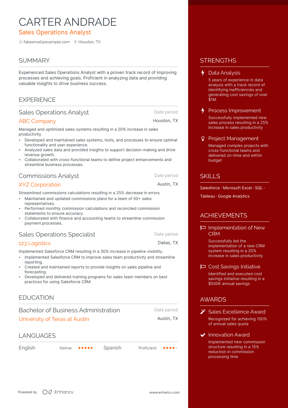Sales Operations Analyst resume example